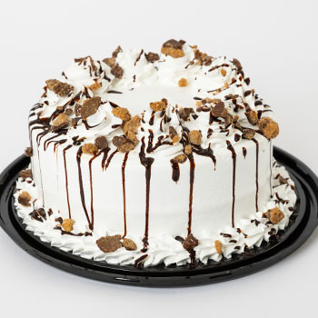 Eight-inch round ice cream cake, topped with crumbled Reese's peanut butter cups and chocolate and caramel drizzle.